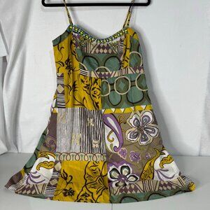 CAbi Fun Multi Print Sundress Spaghetti Strap Beaded Mini Size 10